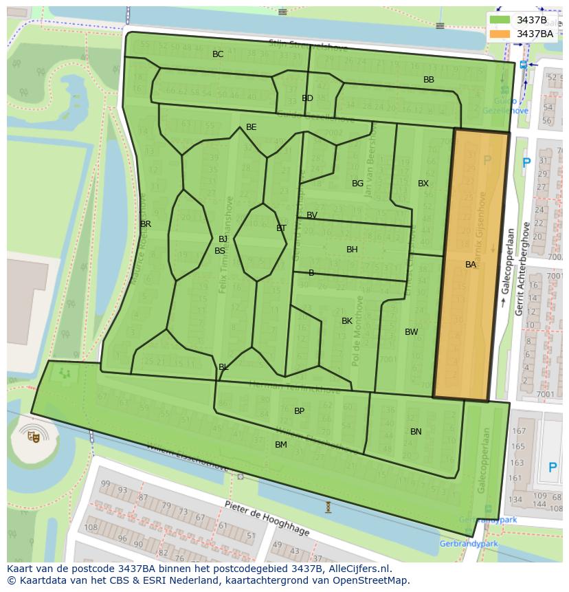 Afbeelding van het postcodegebied 3437 BA op de kaart.