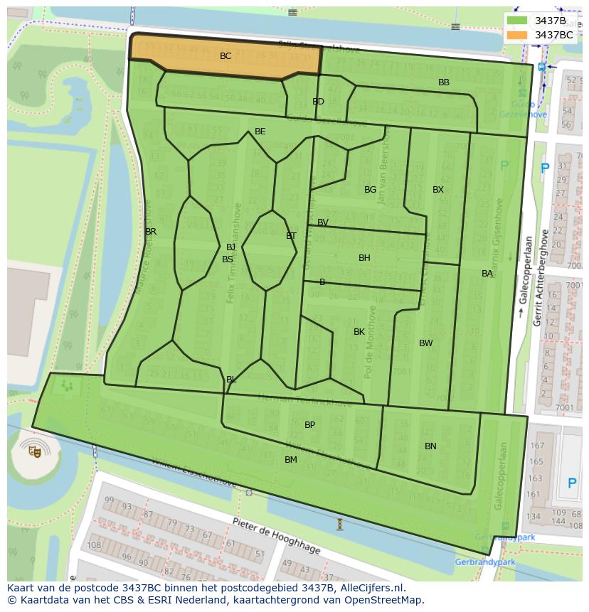 Afbeelding van het postcodegebied 3437 BC op de kaart.
