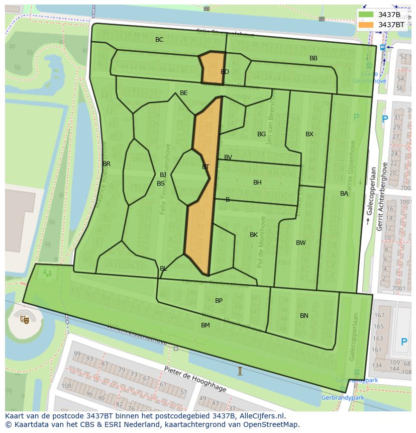 Afbeelding van het postcodegebied 3437 BT op de kaart.