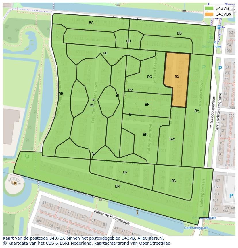 Afbeelding van het postcodegebied 3437 BX op de kaart.