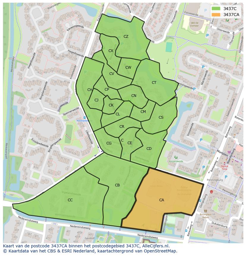 Afbeelding van het postcodegebied 3437 CA op de kaart.