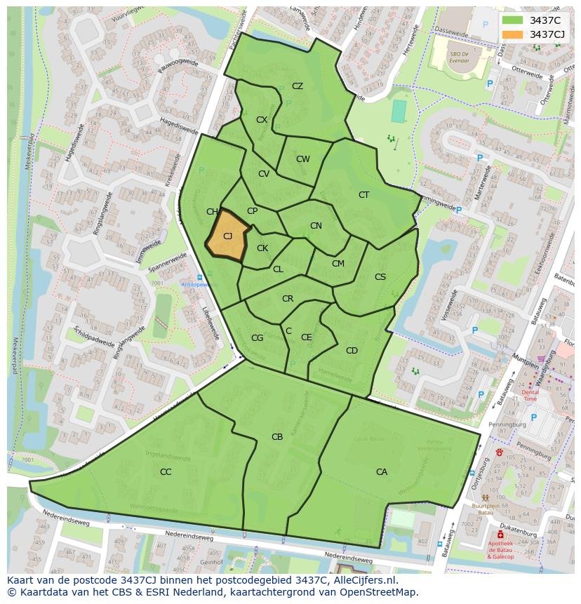 Afbeelding van het postcodegebied 3437 CJ op de kaart.