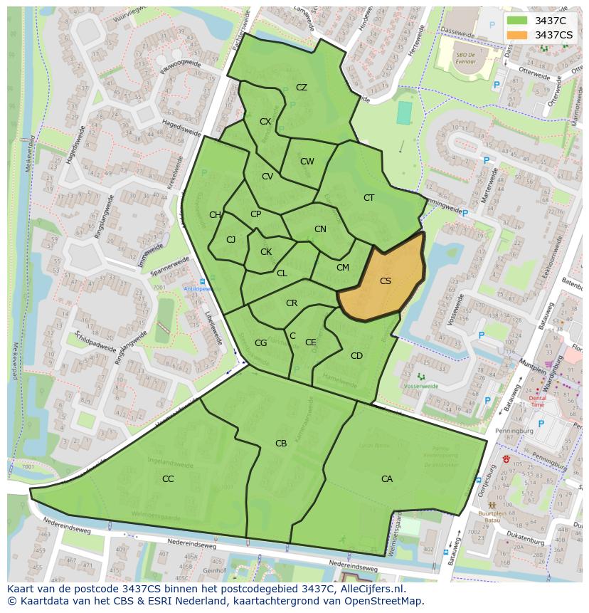 Afbeelding van het postcodegebied 3437 CS op de kaart.