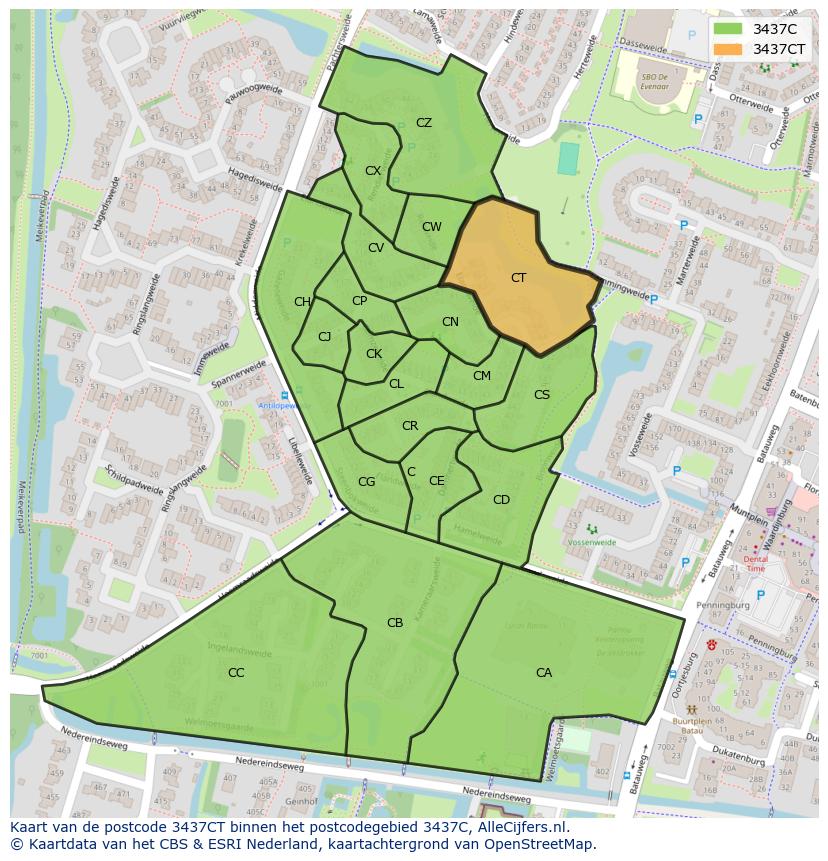 Afbeelding van het postcodegebied 3437 CT op de kaart.