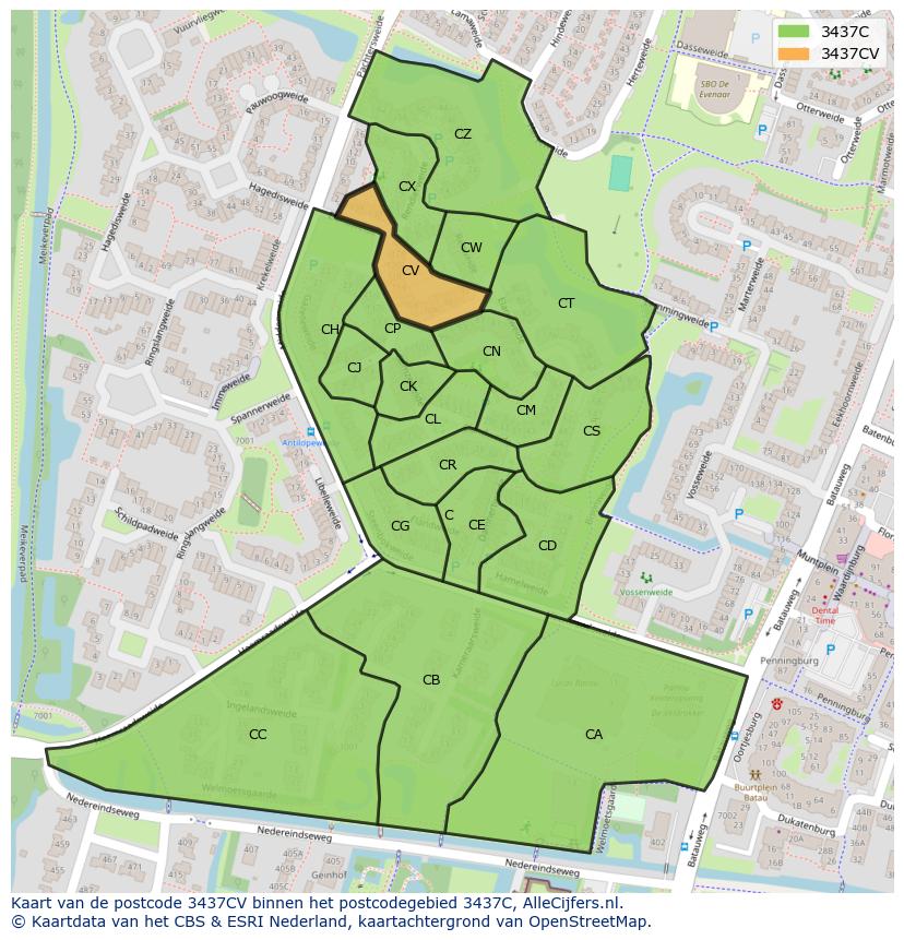 Afbeelding van het postcodegebied 3437 CV op de kaart.