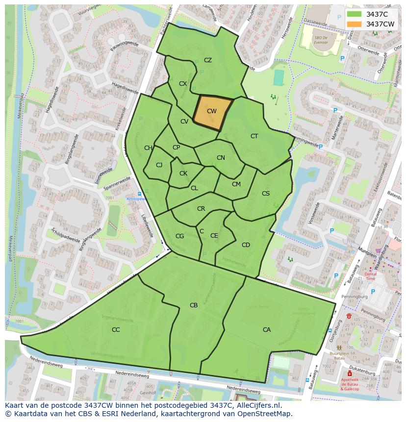 Afbeelding van het postcodegebied 3437 CW op de kaart.