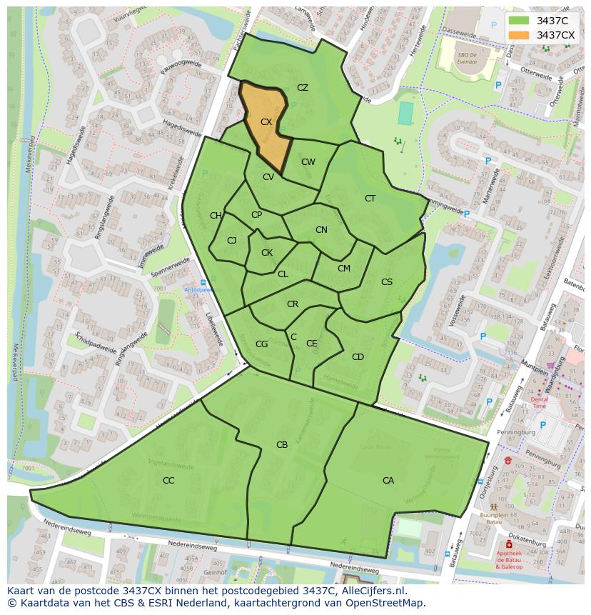 Afbeelding van het postcodegebied 3437 CX op de kaart.