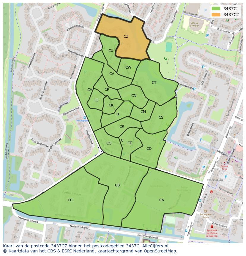 Afbeelding van het postcodegebied 3437 CZ op de kaart.