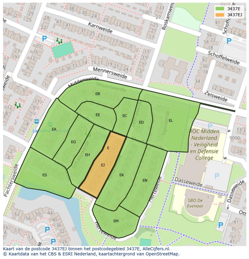 Afbeelding van het postcodegebied 3437 EJ op de kaart.