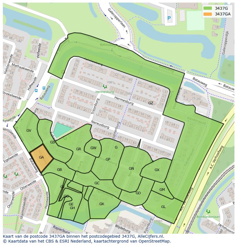 Afbeelding van het postcodegebied 3437 GA op de kaart.