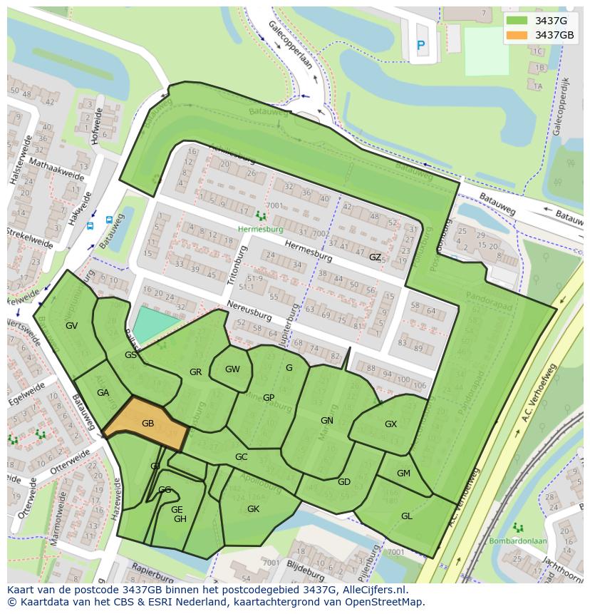 Afbeelding van het postcodegebied 3437 GB op de kaart.