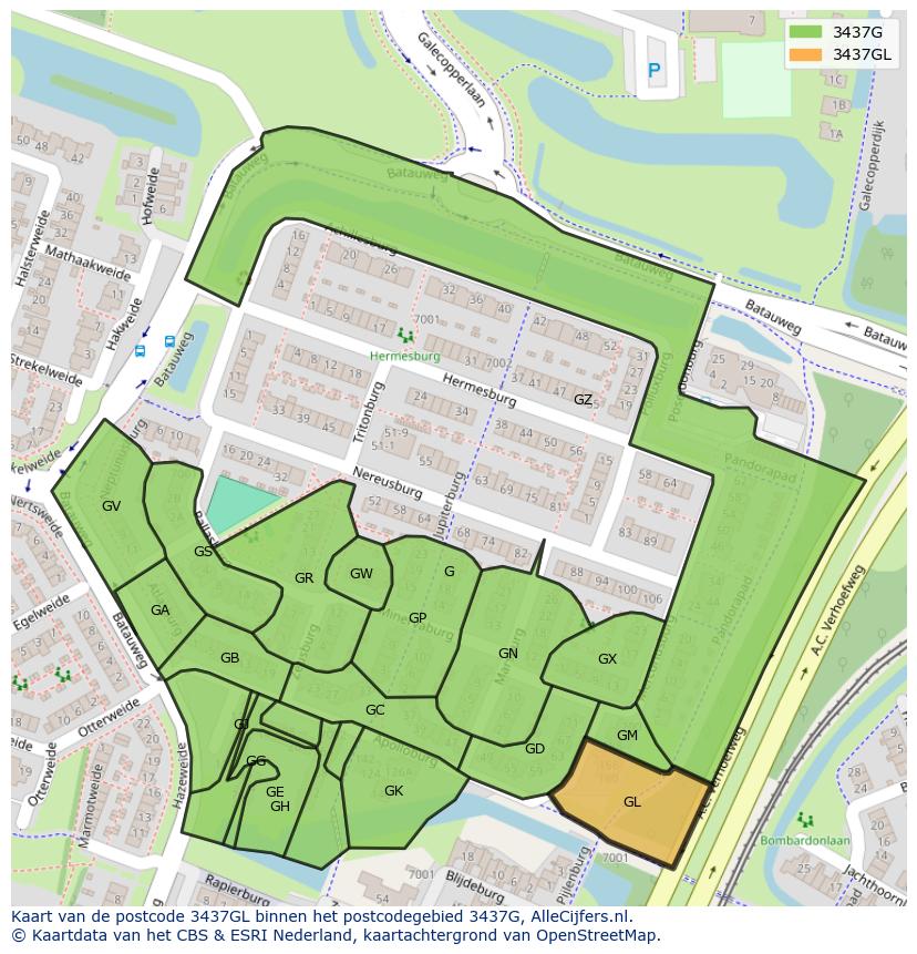Afbeelding van het postcodegebied 3437 GL op de kaart.