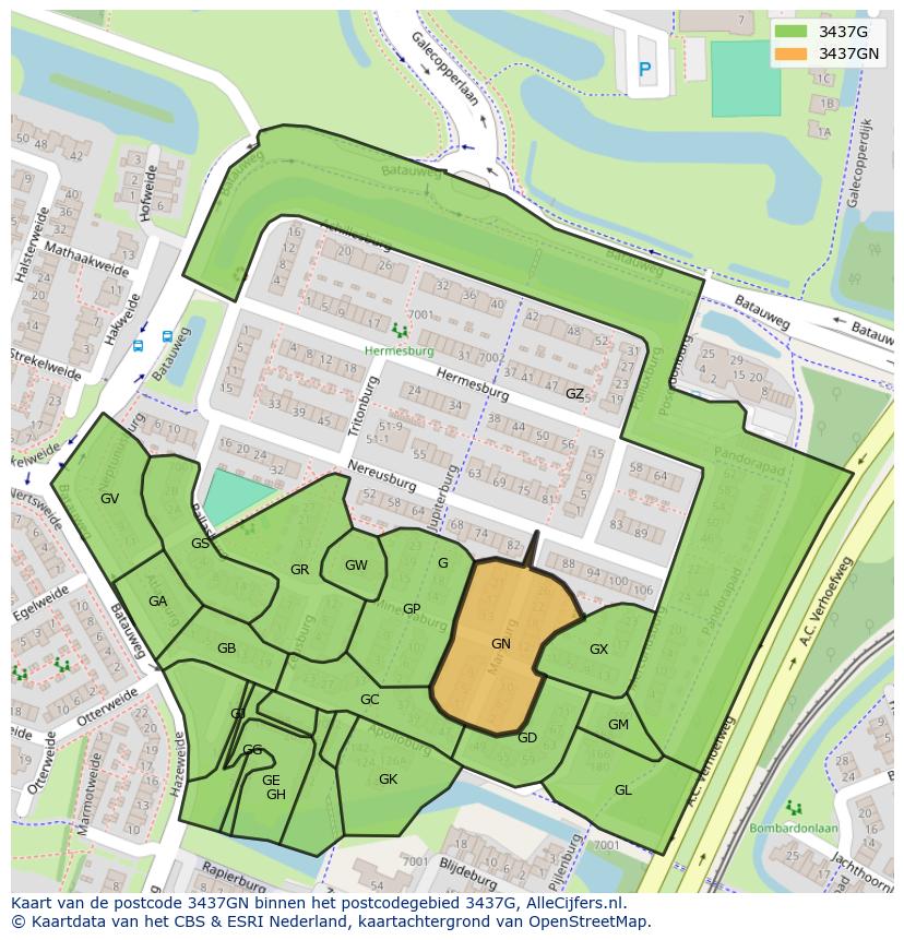 Afbeelding van het postcodegebied 3437 GN op de kaart.