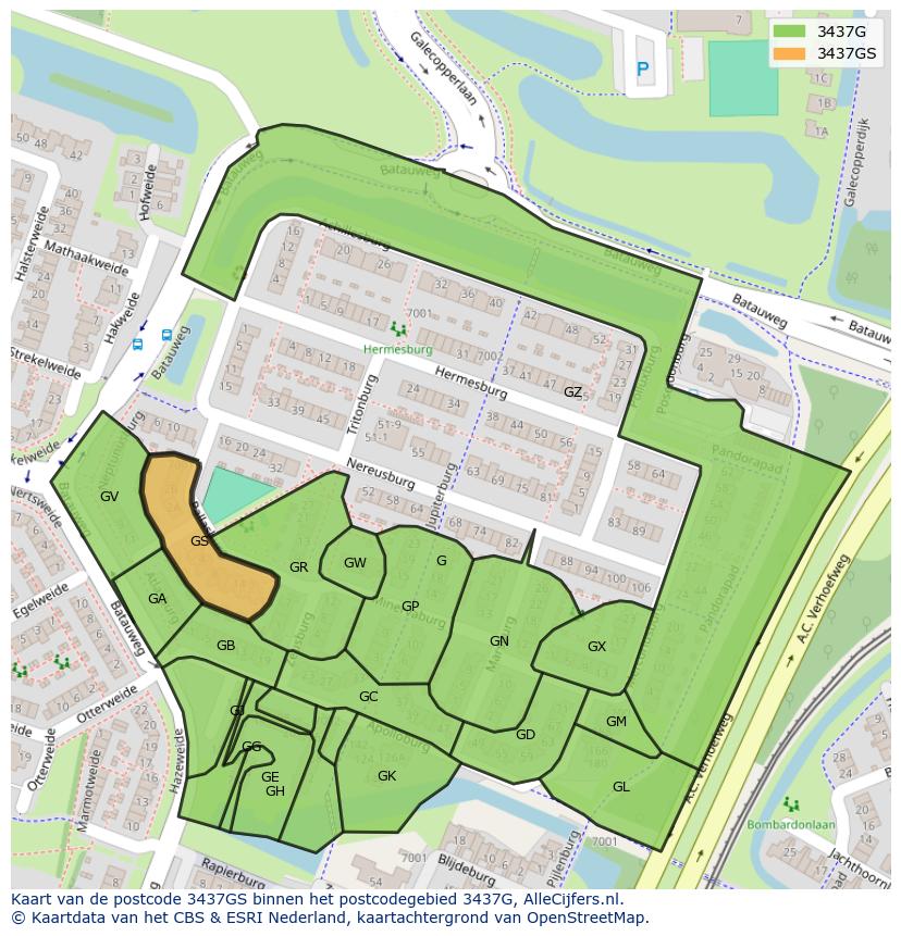 Afbeelding van het postcodegebied 3437 GS op de kaart.
