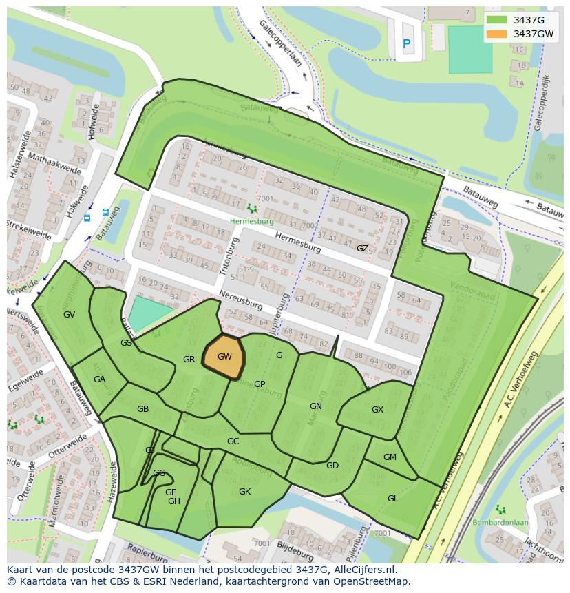 Afbeelding van het postcodegebied 3437 GW op de kaart.