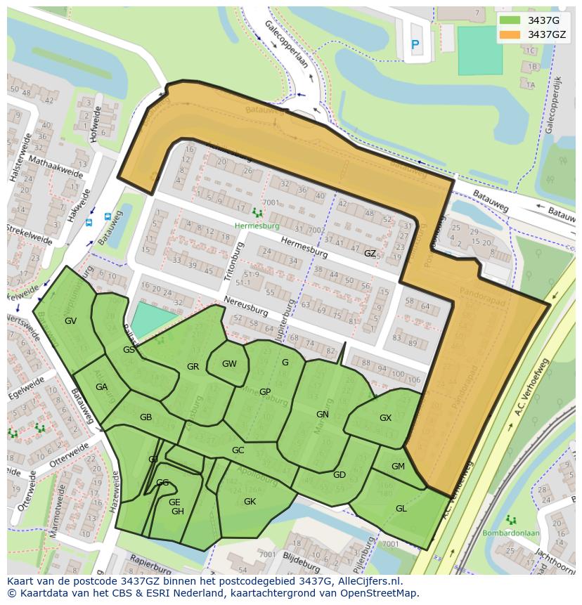 Afbeelding van het postcodegebied 3437 GZ op de kaart.