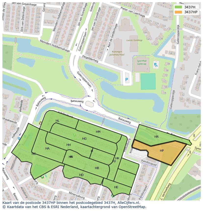 Afbeelding van het postcodegebied 3437 HP op de kaart.