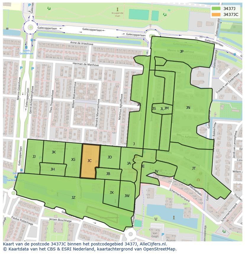Afbeelding van het postcodegebied 3437 JC op de kaart.