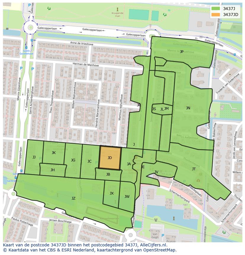 Afbeelding van het postcodegebied 3437 JD op de kaart.