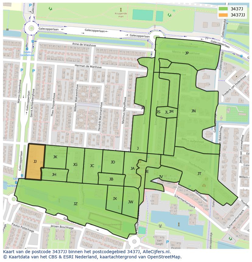 Afbeelding van het postcodegebied 3437 JJ op de kaart.