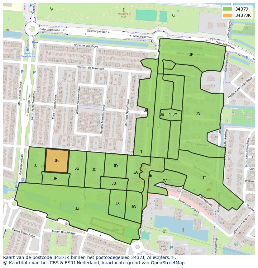 Afbeelding van het postcodegebied 3437 JK op de kaart.