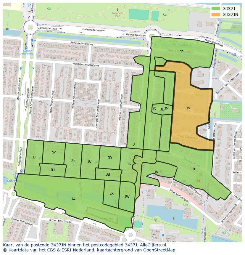 Afbeelding van het postcodegebied 3437 JN op de kaart.