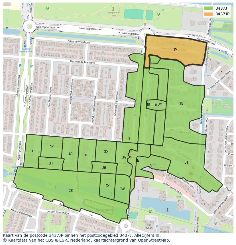 Afbeelding van het postcodegebied 3437 JP op de kaart.