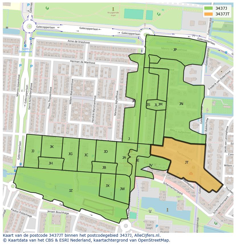Afbeelding van het postcodegebied 3437 JT op de kaart.