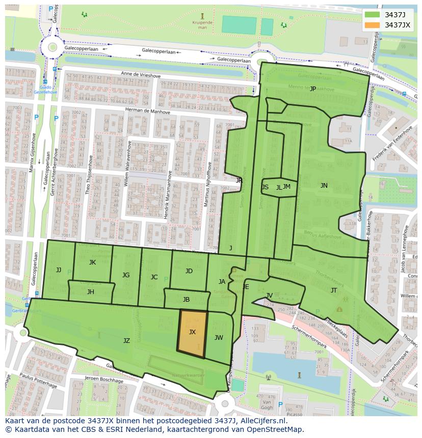 Afbeelding van het postcodegebied 3437 JX op de kaart.