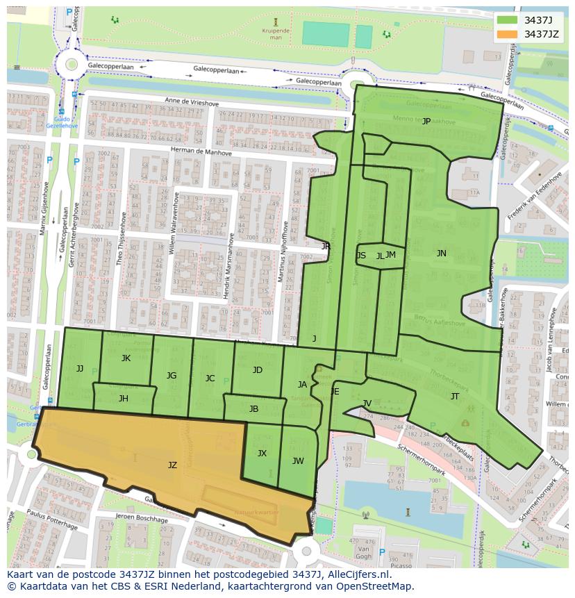 Afbeelding van het postcodegebied 3437 JZ op de kaart.