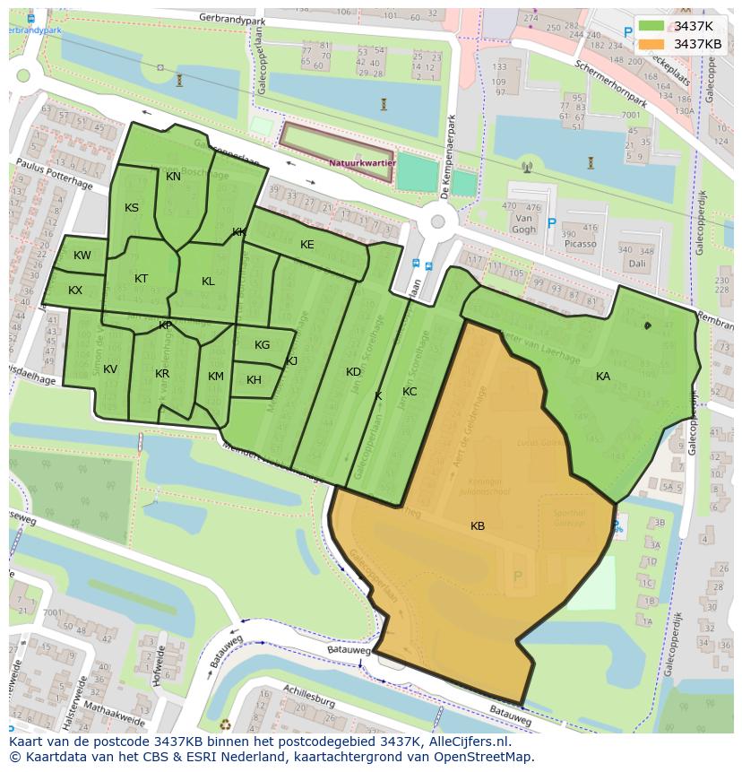 Afbeelding van het postcodegebied 3437 KB op de kaart.