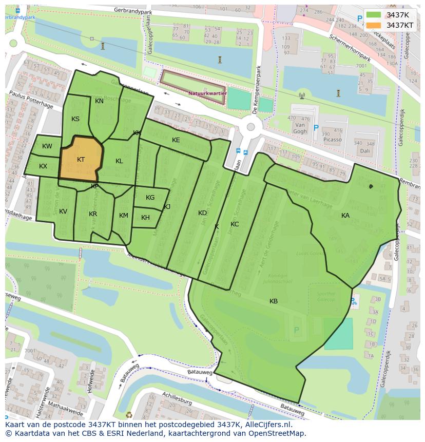 Afbeelding van het postcodegebied 3437 KT op de kaart.