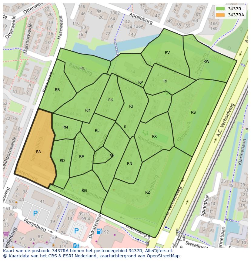 Afbeelding van het postcodegebied 3437 RA op de kaart.