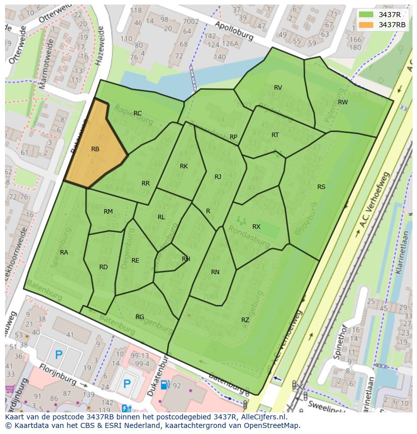 Afbeelding van het postcodegebied 3437 RB op de kaart.