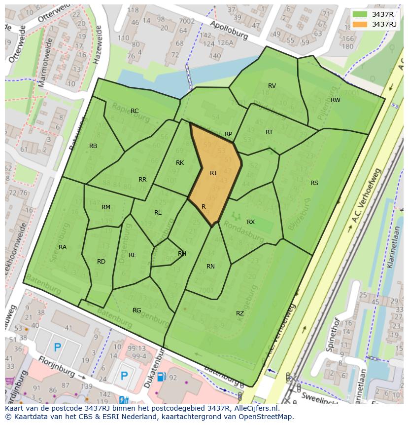 Afbeelding van het postcodegebied 3437 RJ op de kaart.