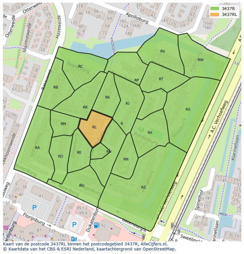 Afbeelding van het postcodegebied 3437 RL op de kaart.