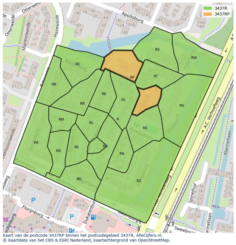 Afbeelding van het postcodegebied 3437 RP op de kaart.