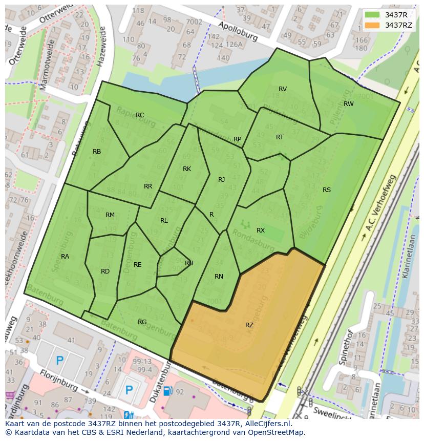 Afbeelding van het postcodegebied 3437 RZ op de kaart.