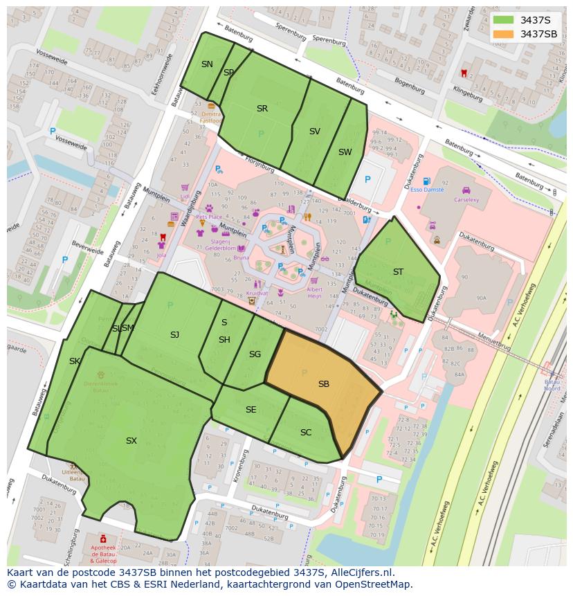 Afbeelding van het postcodegebied 3437 SB op de kaart.