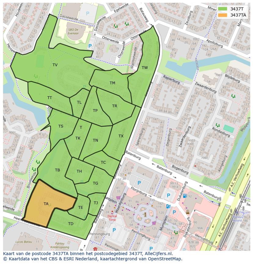 Afbeelding van het postcodegebied 3437 TA op de kaart.