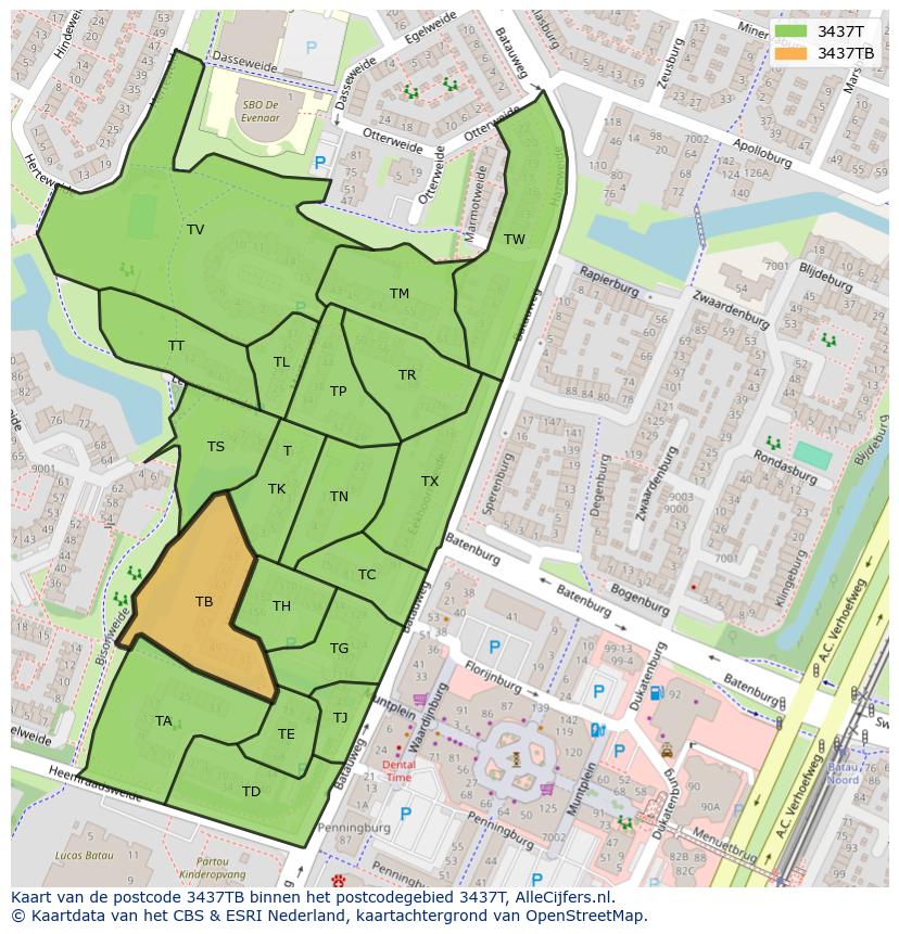 Afbeelding van het postcodegebied 3437 TB op de kaart.