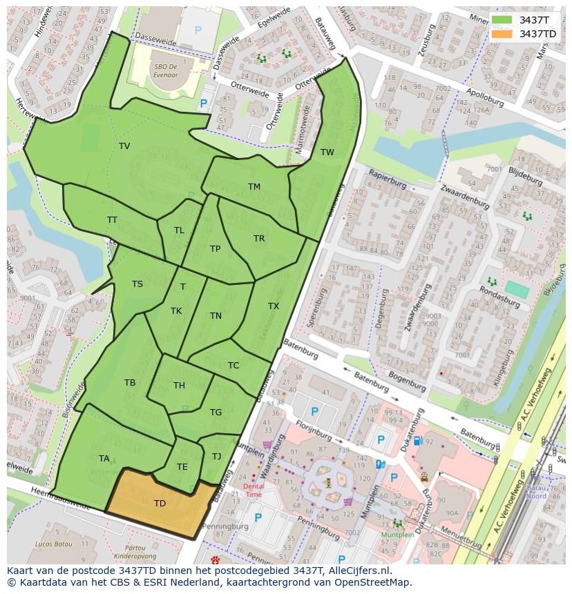 Afbeelding van het postcodegebied 3437 TD op de kaart.