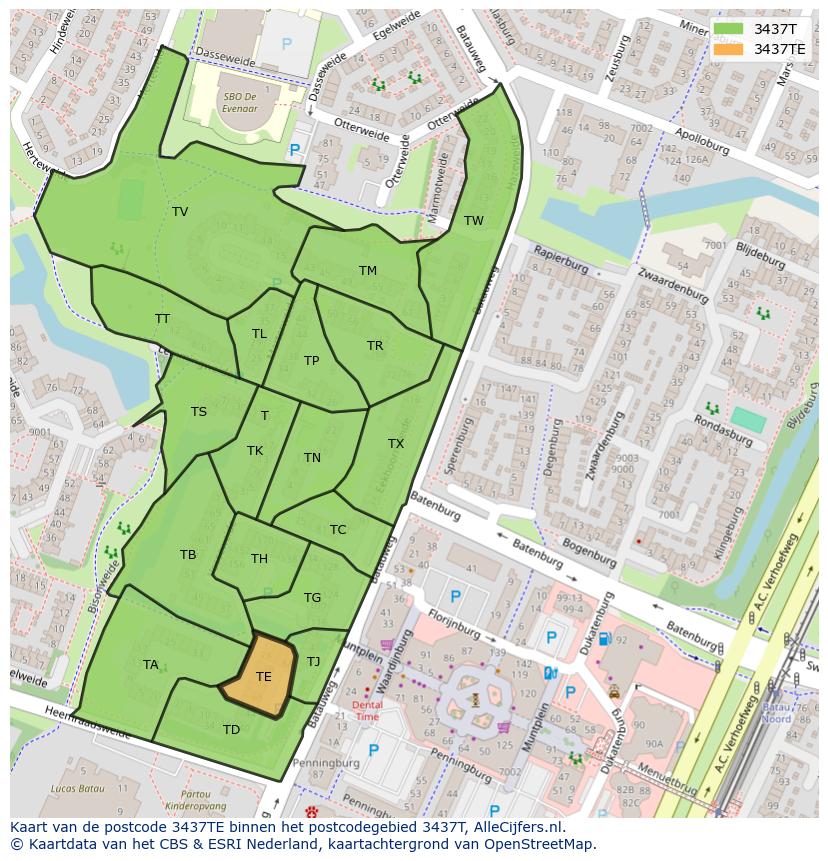 Afbeelding van het postcodegebied 3437 TE op de kaart.