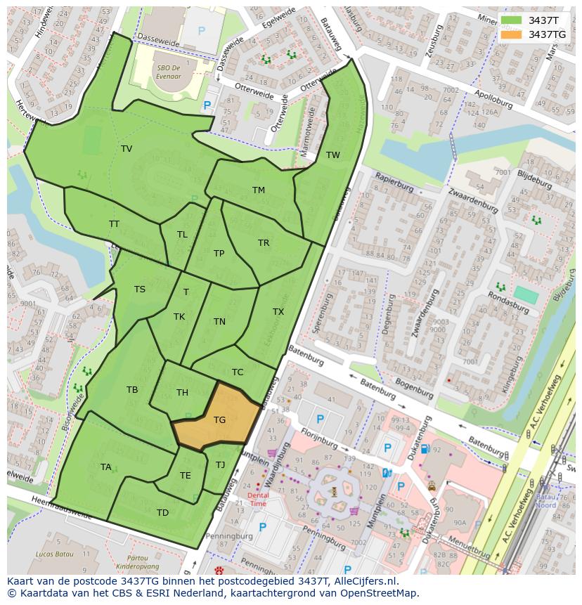 Afbeelding van het postcodegebied 3437 TG op de kaart.