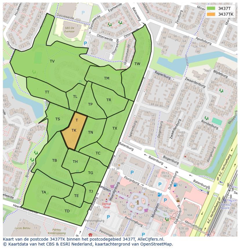 Afbeelding van het postcodegebied 3437 TK op de kaart.