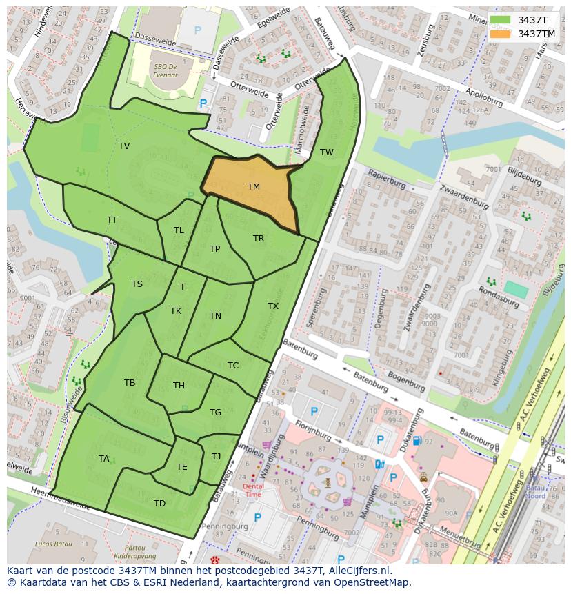 Afbeelding van het postcodegebied 3437 TM op de kaart.