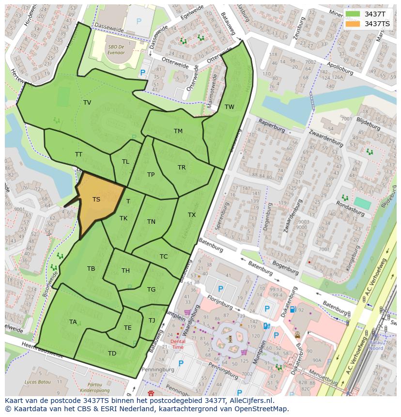 Afbeelding van het postcodegebied 3437 TS op de kaart.