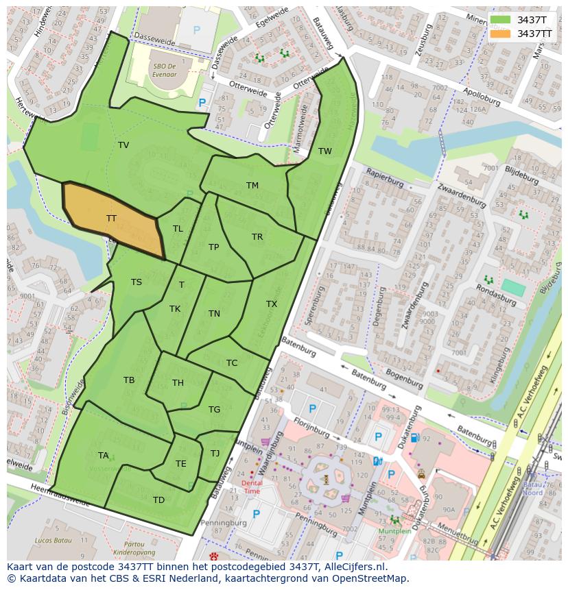 Afbeelding van het postcodegebied 3437 TT op de kaart.