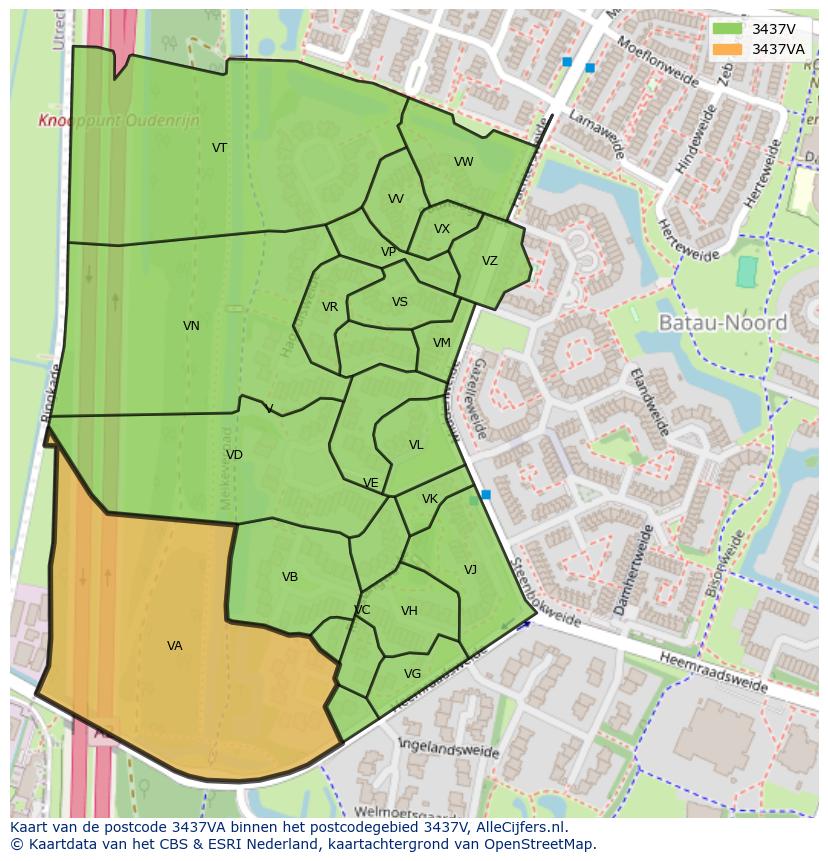 Afbeelding van het postcodegebied 3437 VA op de kaart.