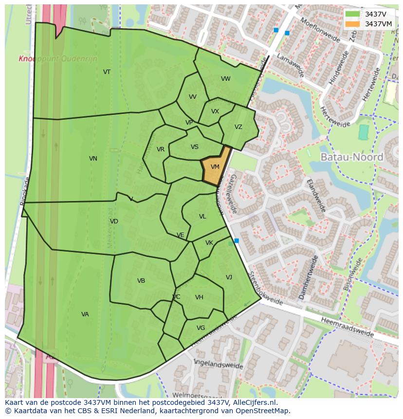 Afbeelding van het postcodegebied 3437 VM op de kaart.